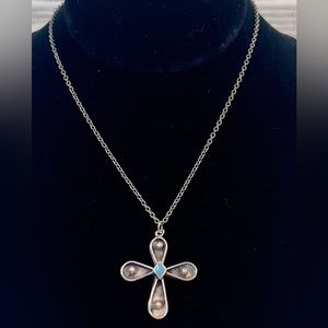 Vintage Sterling Silver Turquoise Cross Pendant & Chain - 18”